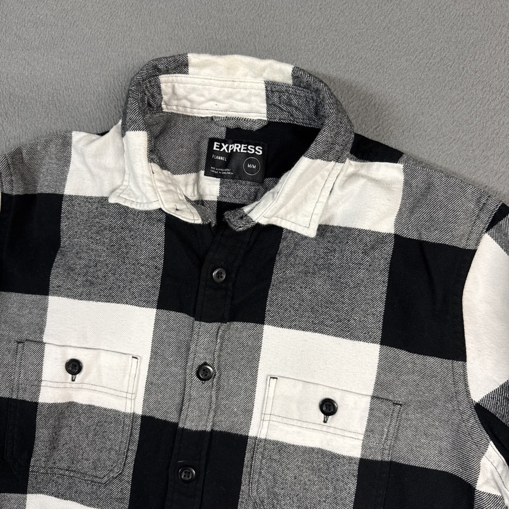 Express Shirt Mens Medium Gray Check Flanenl Long Sleeve Button Down 100% Cotton